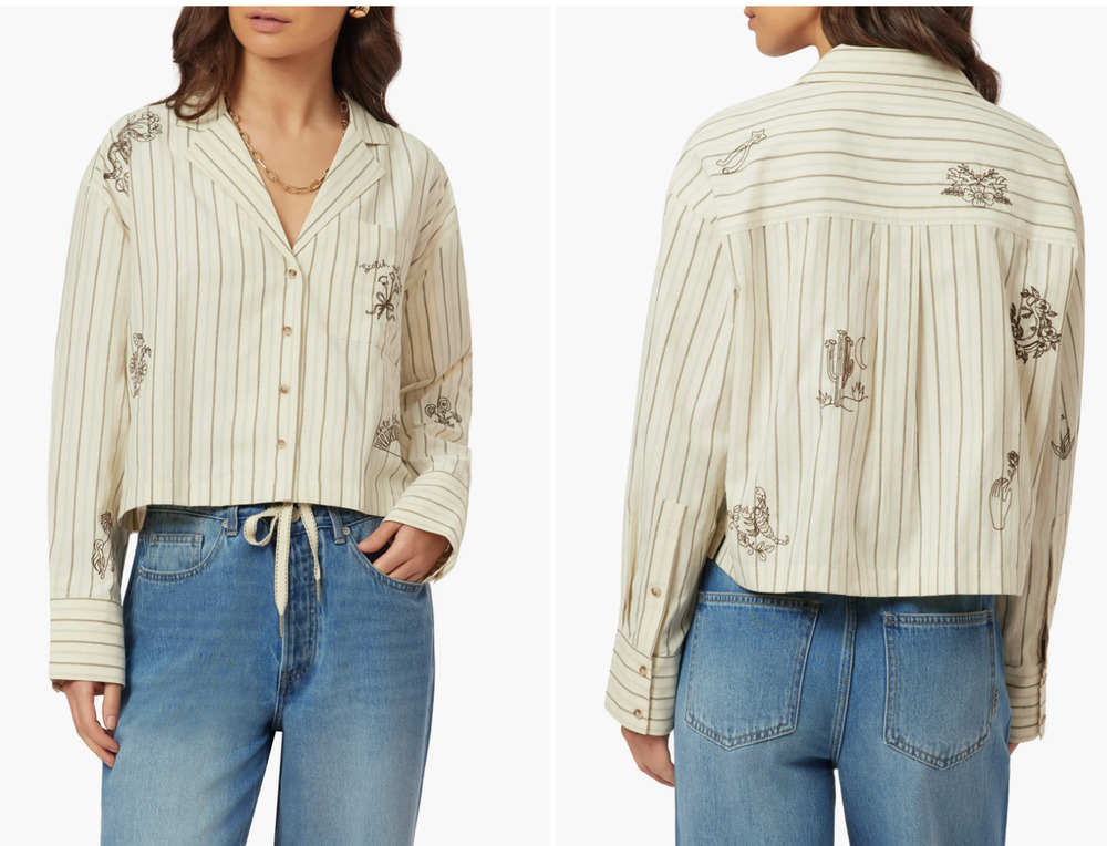 Scotch & Soda Amsterdam Large Embroidered Striped Button-Up Cropped Top Boxy